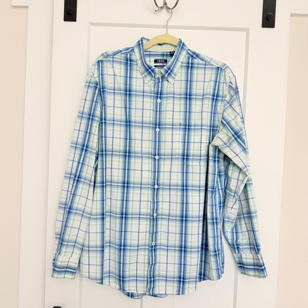 IZOD Premium Essentials Mens Large LG Plaid Button Down Shirt Long Sleeve Cotton